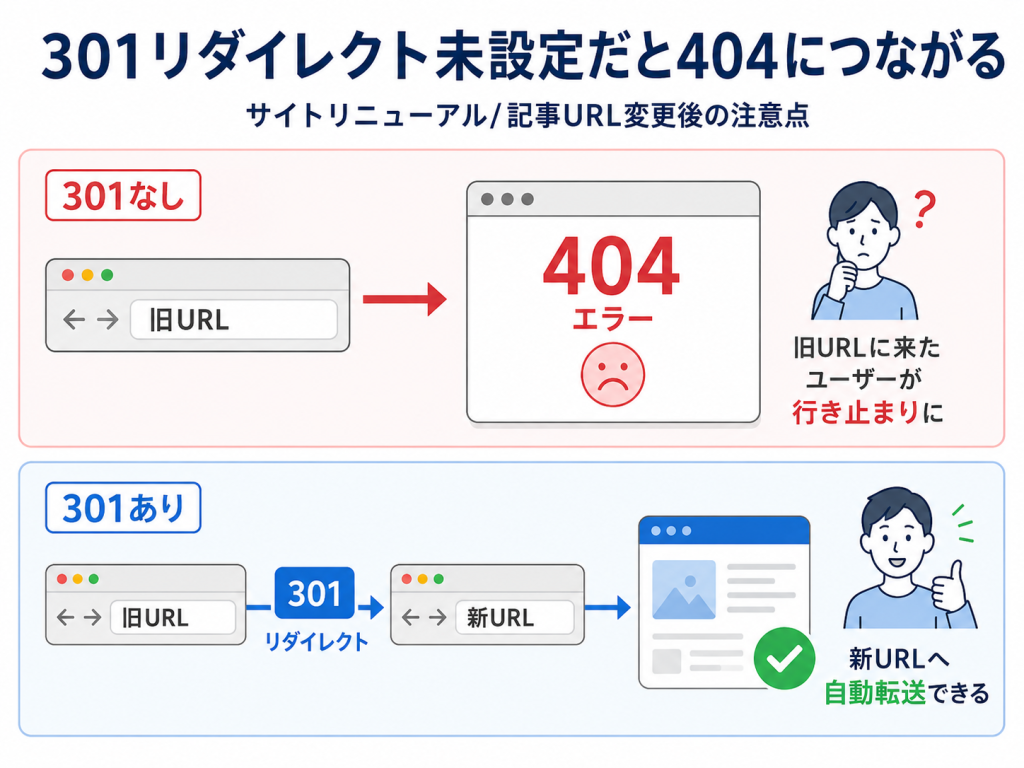301リダイレクト設定によるURLの転送と404エラー