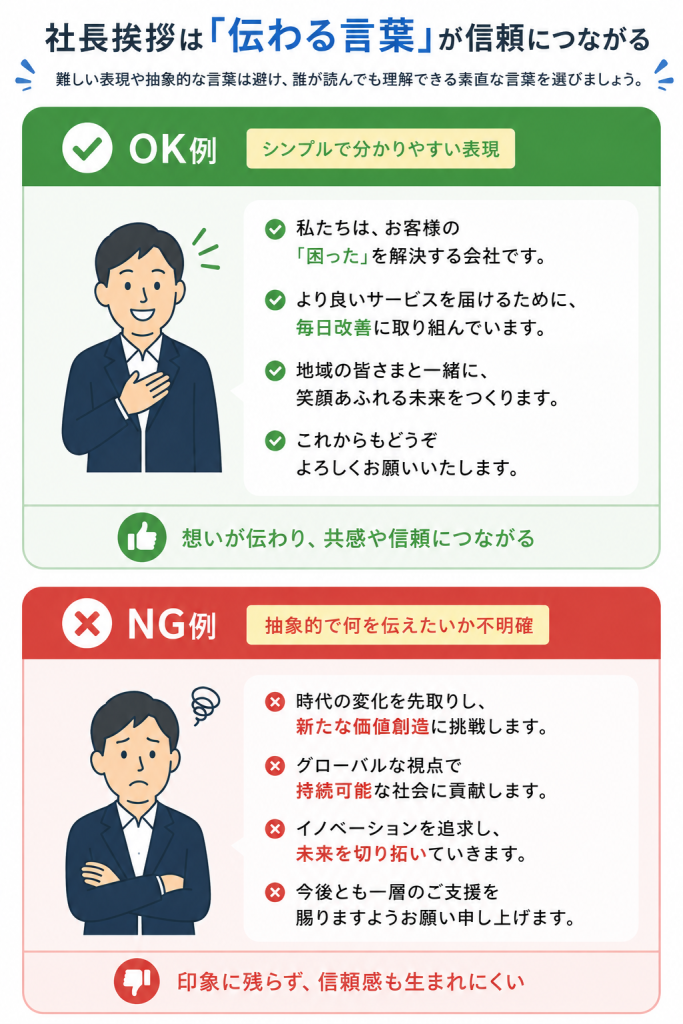 社長挨拶におけるOK・NG例